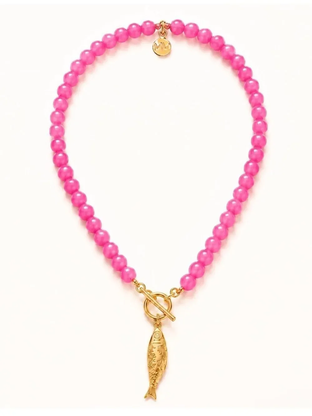 24k Gold plated - Fish Charm Pink Glass Beaded Necklace by Mayamar